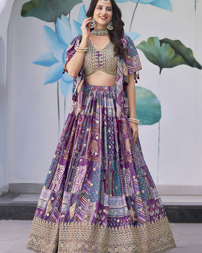 Ravishing Purple Embroidered Chinnon Silk Lehenga Choli Set for Festival