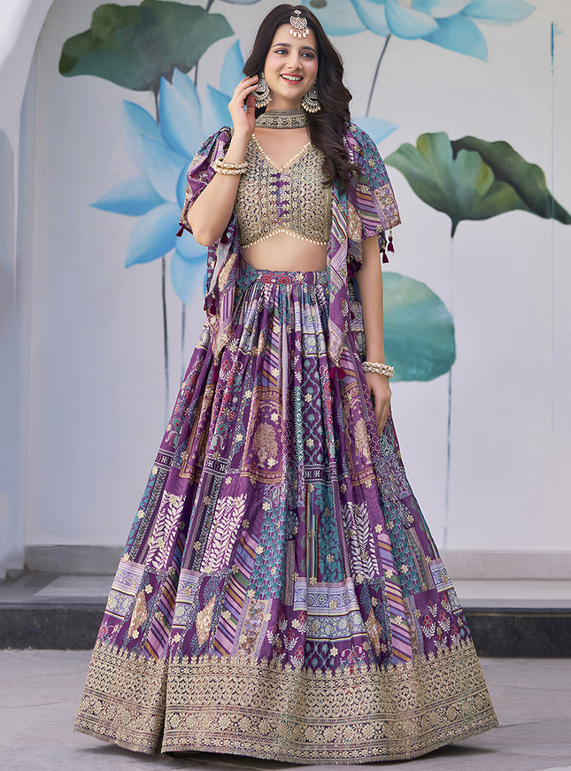 Ravishing Purple Embroidered Chinnon Silk Lehenga Choli Set for Festival