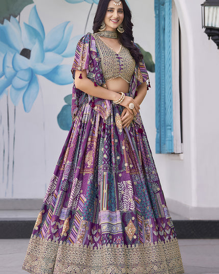 Ravishing Purple Embroidered Chinnon Silk Lehenga Choli Set for Festival