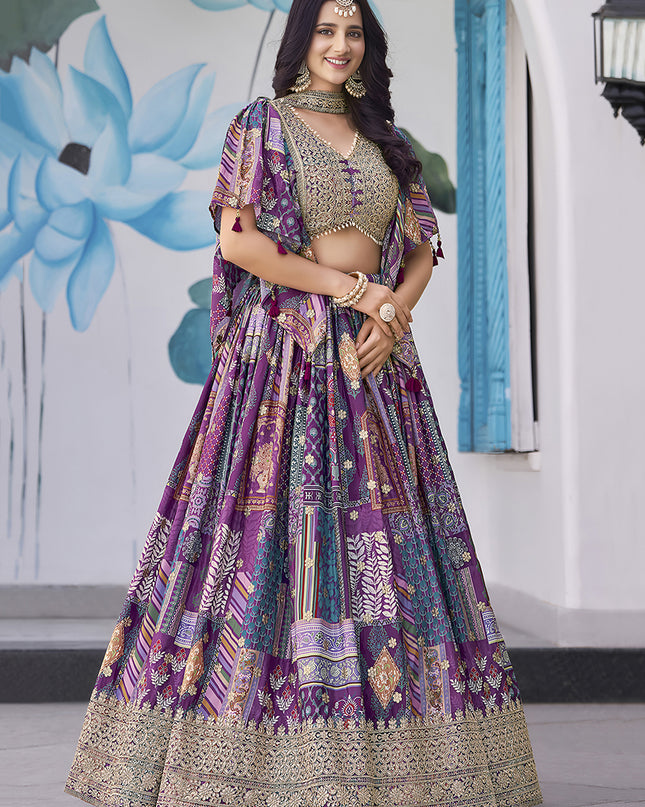 Ravishing Purple Embroidered Chinnon Silk Lehenga Choli Set for Festival