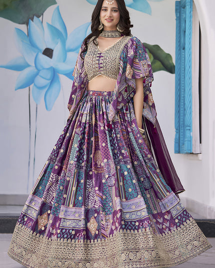 Ravishing Purple Embroidered Chinnon Silk Lehenga Choli Set for Festival