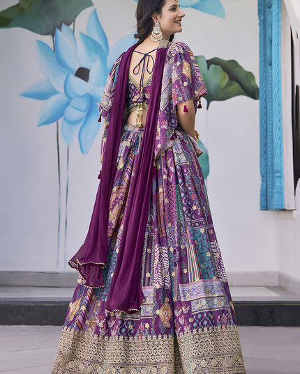 Ravishing Purple Embroidered Chinnon Silk Lehenga Choli Set for Festival
