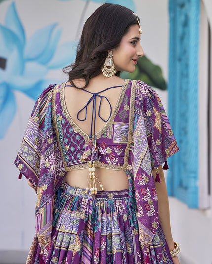 Ravishing Purple Embroidered Chinnon Silk Lehenga Choli Set for Festival