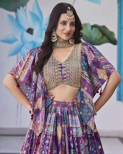 Ravishing Purple Embroidered Chinnon Silk Lehenga Choli Set for Festival