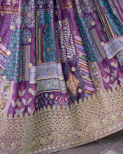Ravishing Purple Embroidered Chinnon Silk Lehenga Choli Set for Festival