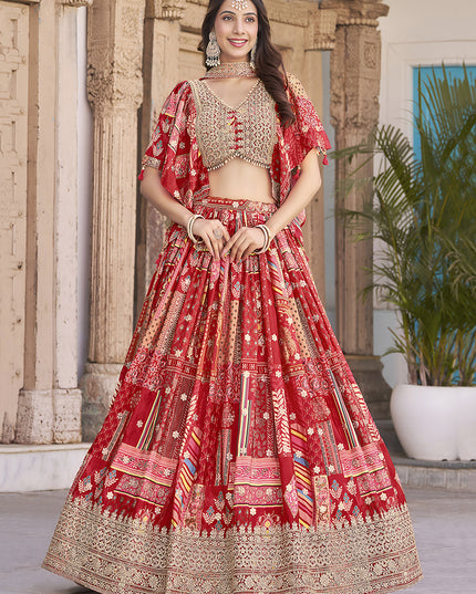 Bewitching Red Embroidered Chinnon Silk Lehenga Choli Set for Festival