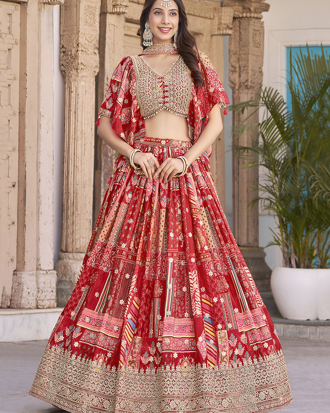 Bewitching Red Embroidered Chinnon Silk Lehenga Choli Set for Festival