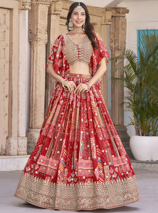 Bewitching Red Embroidered Chinnon Silk Lehenga Choli Set for Festival