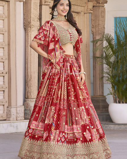 Bewitching Red Embroidered Chinnon Silk Lehenga Choli Set for Festival