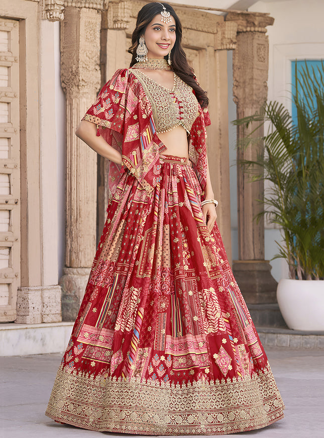 Bewitching Red Embroidered Chinnon Silk Lehenga Choli Set for Festival