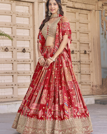 Bewitching Red Embroidered Chinnon Silk Lehenga Choli Set for Festival