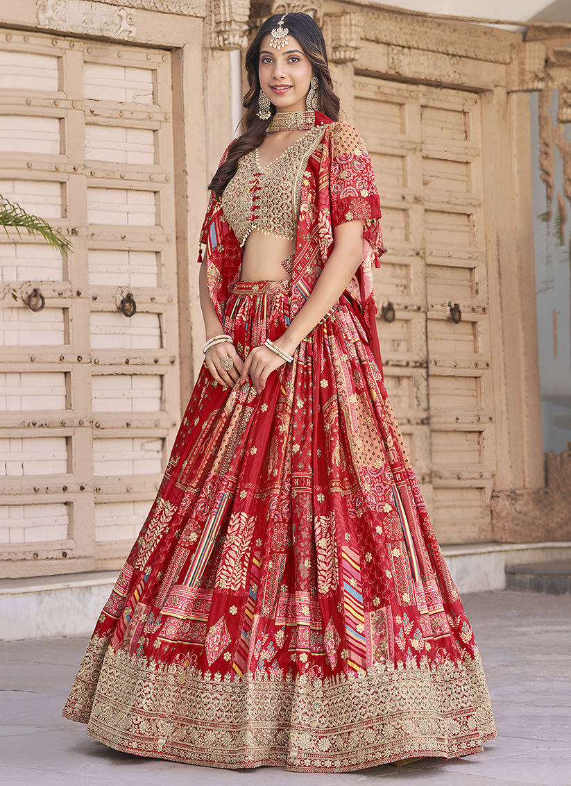 Bewitching Red Embroidered Chinnon Silk Lehenga Choli Set for Festival