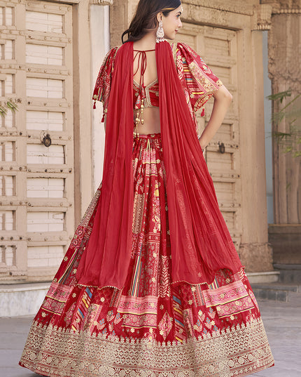 Bewitching Red Embroidered Chinnon Silk Lehenga Choli Set for Festival