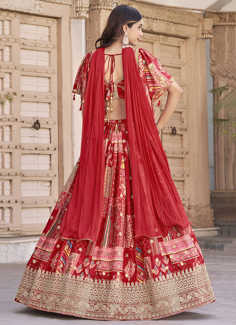 Bewitching Red Embroidered Chinnon Silk Lehenga Choli Set for Festival