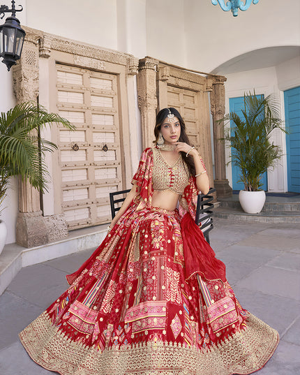 Bewitching Red Embroidered Chinnon Silk Lehenga Choli Set for Festival