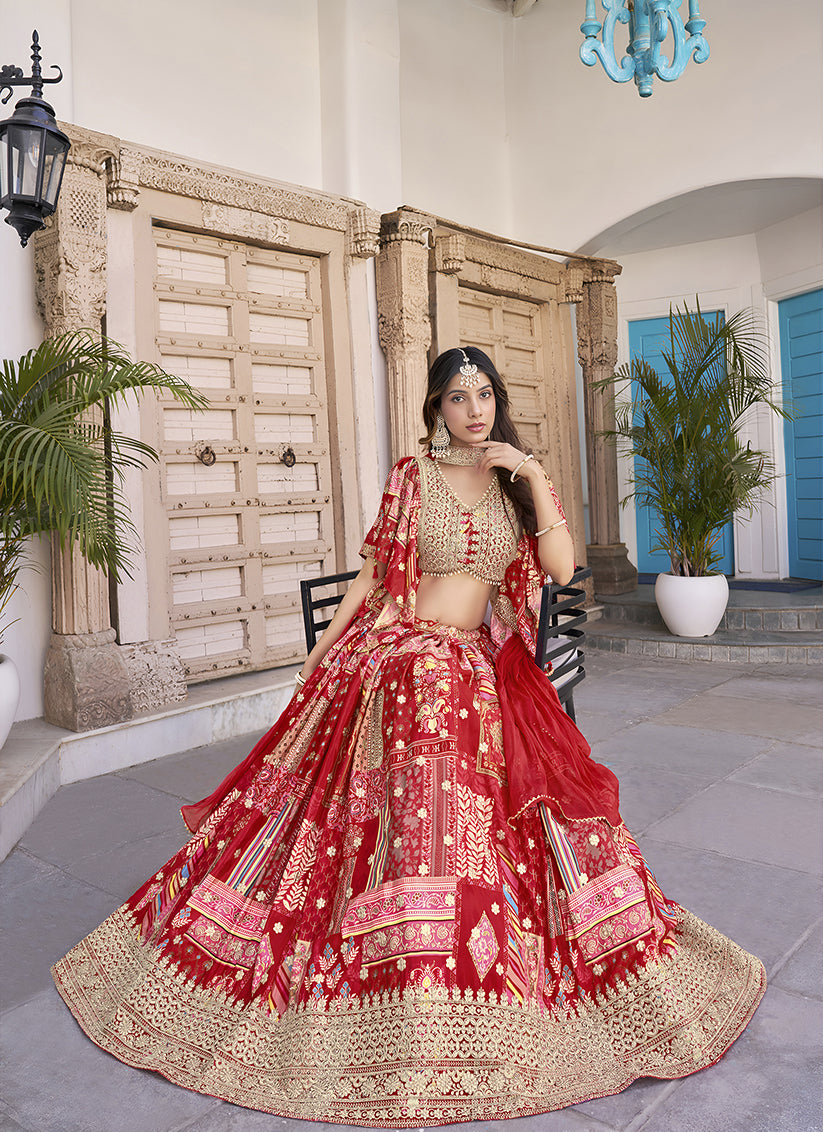 Bewitching Red Embroidered Chinnon Silk Lehenga Choli Set for Festival