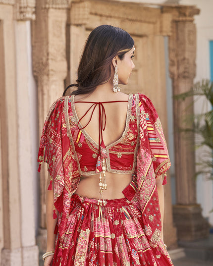 Bewitching Red Embroidered Chinnon Silk Lehenga Choli Set for Festival
