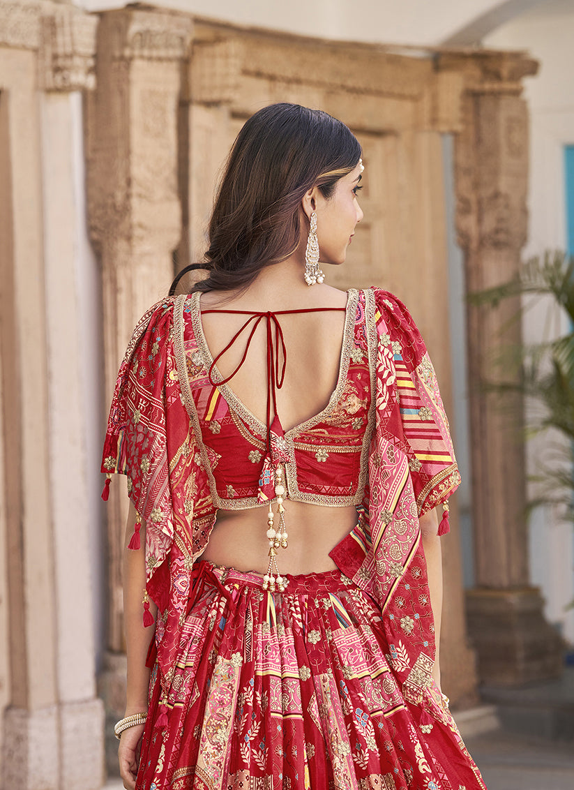 Bewitching Red Embroidered Chinnon Silk Lehenga Choli Set for Festival