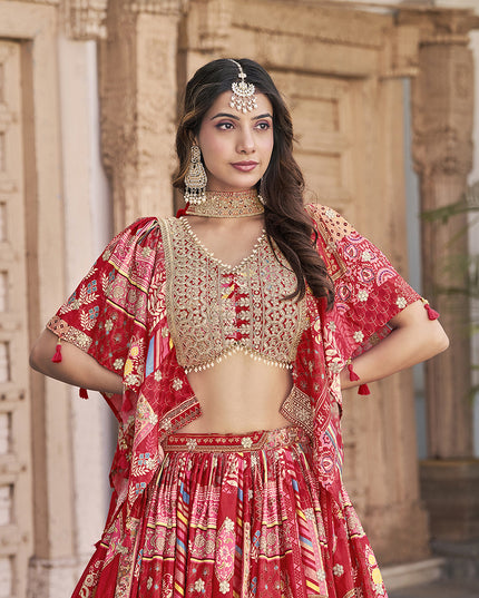 Bewitching Red Embroidered Chinnon Silk Lehenga Choli Set for Festival