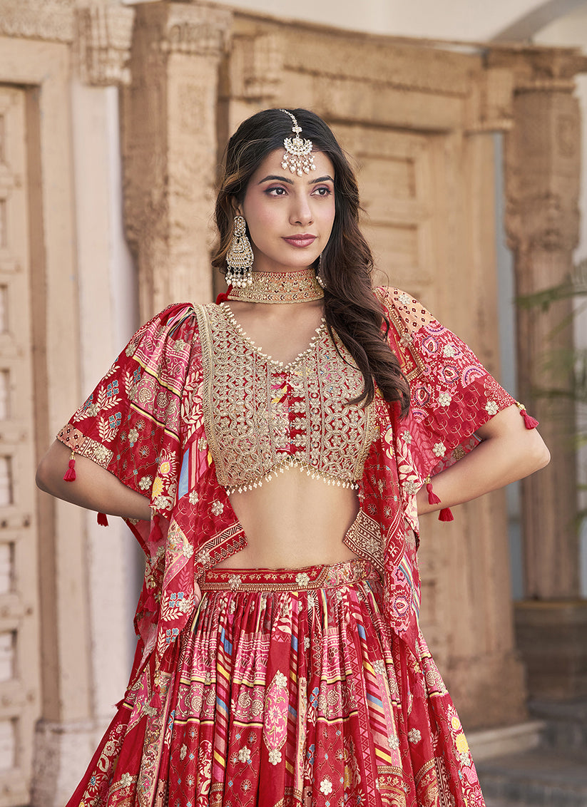 Bewitching Red Embroidered Chinnon Silk Lehenga Choli Set for Festival