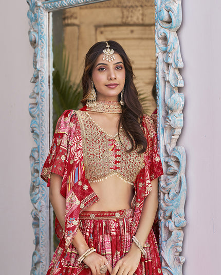 Bewitching Red Embroidered Chinnon Silk Lehenga Choli Set for Festival