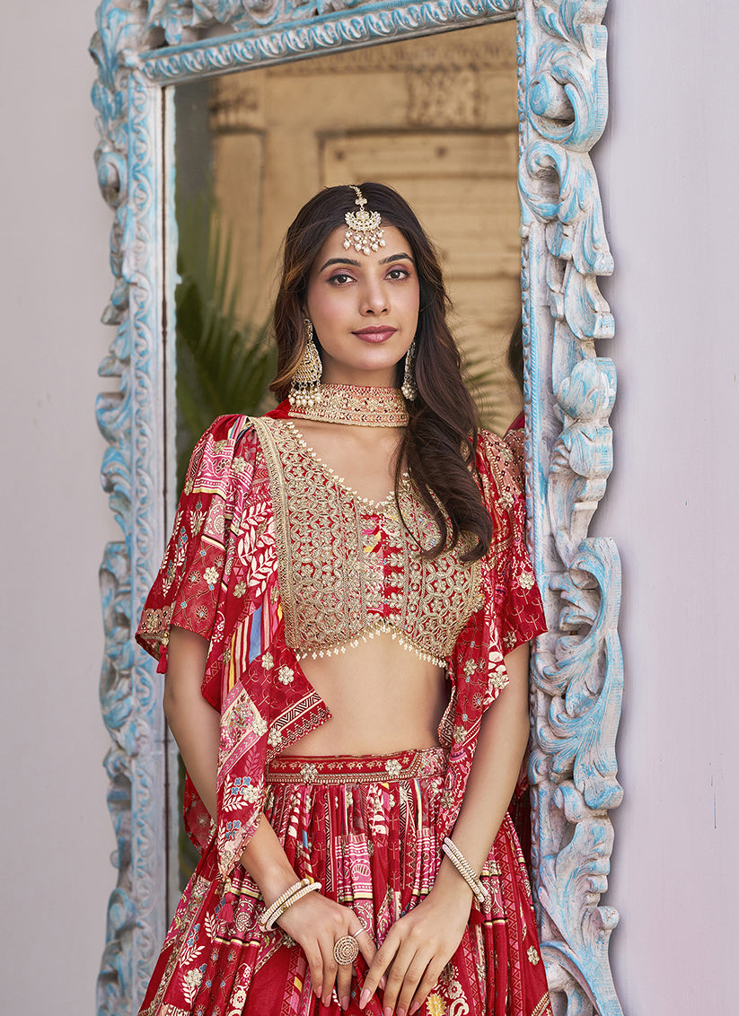 Bewitching Red Embroidered Chinnon Silk Lehenga Choli Set for Festival
