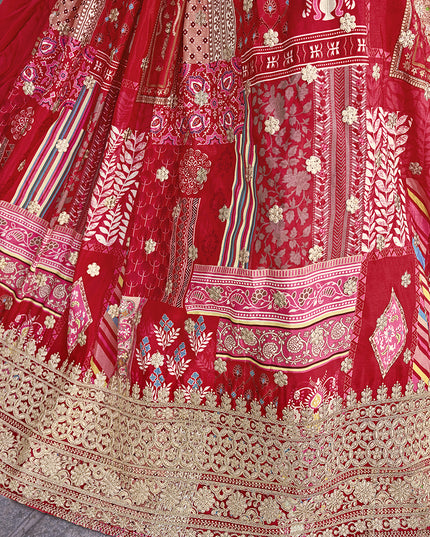 Bewitching Red Embroidered Chinnon Silk Lehenga Choli Set for Festival