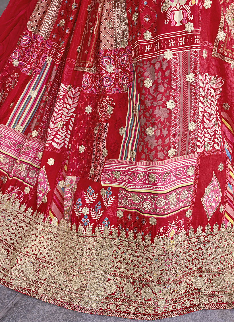 Bewitching Red Embroidered Chinnon Silk Lehenga Choli Set for Festival