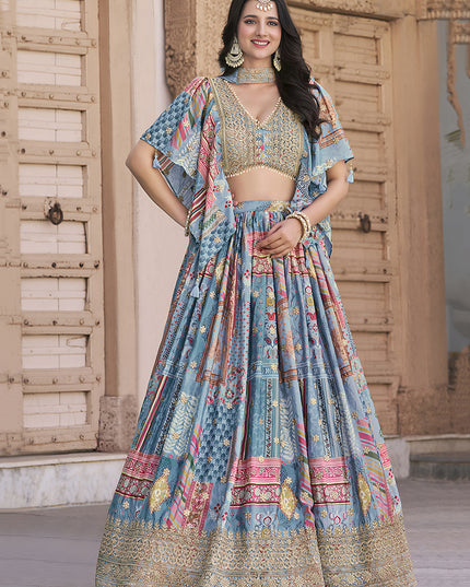 Pretty Sky Blue Embroidered Chinnon Silk Lehenga Choli Set for Festival