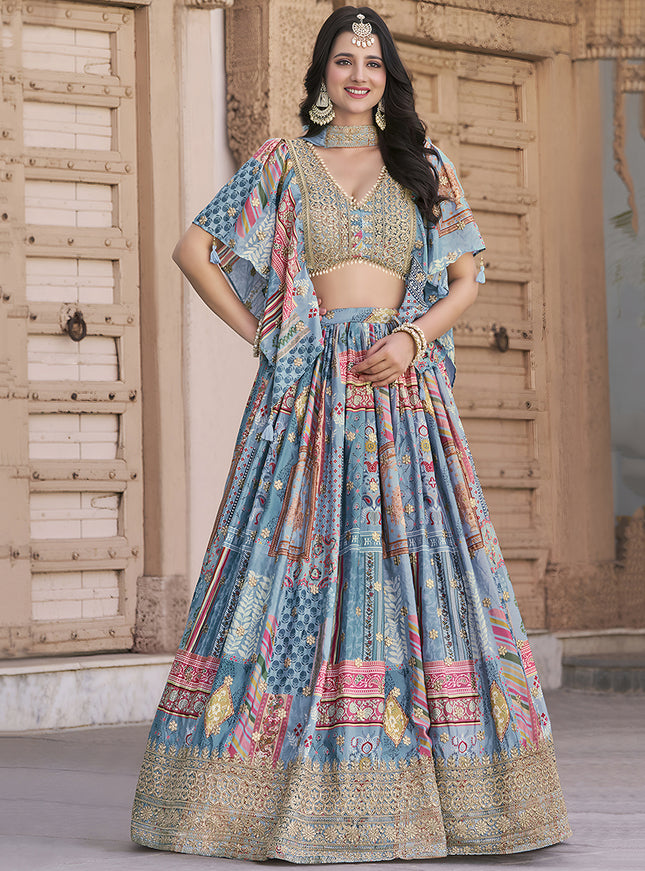Pretty Sky Blue Embroidered Chinnon Silk Lehenga Choli Set for Festival