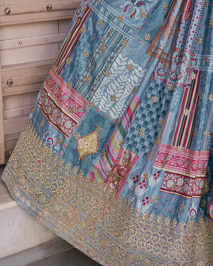 Pretty Sky Blue Embroidered Chinnon Silk Lehenga Choli Set for Festival