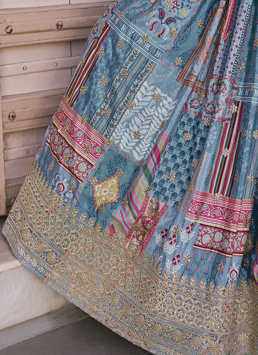 Pretty Sky Blue Embroidered Chinnon Silk Lehenga Choli Set for Festival