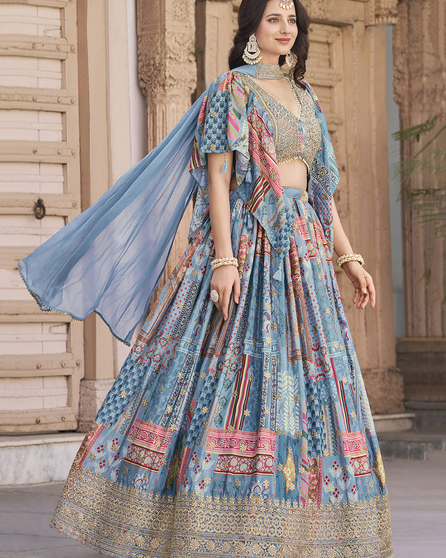 Pretty Sky Blue Embroidered Chinnon Silk Lehenga Choli Set for Festival