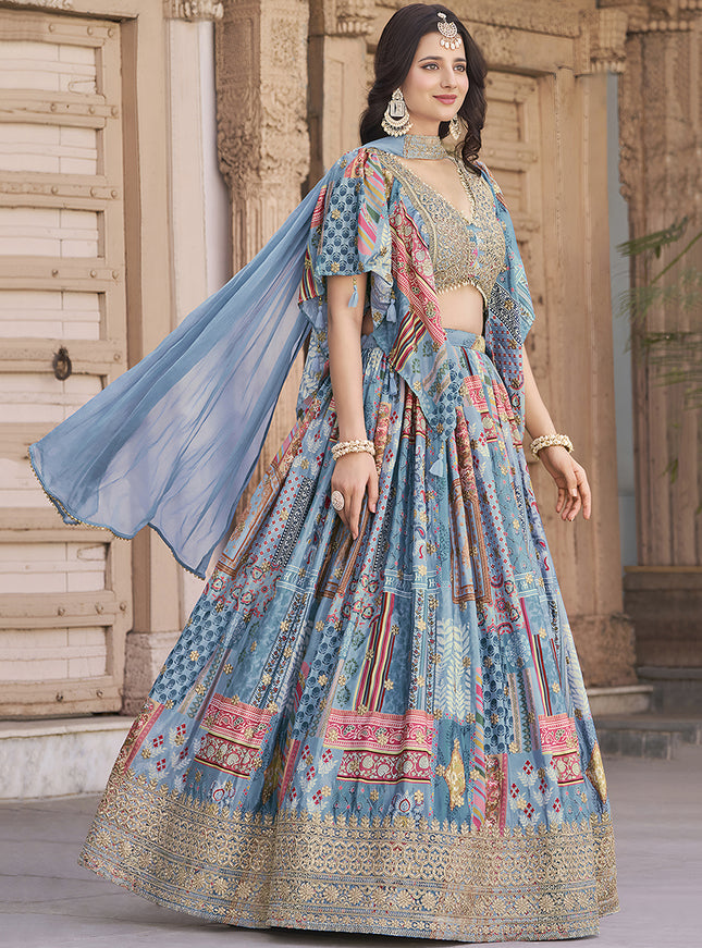 Pretty Sky Blue Embroidered Chinnon Silk Lehenga Choli Set for Festival