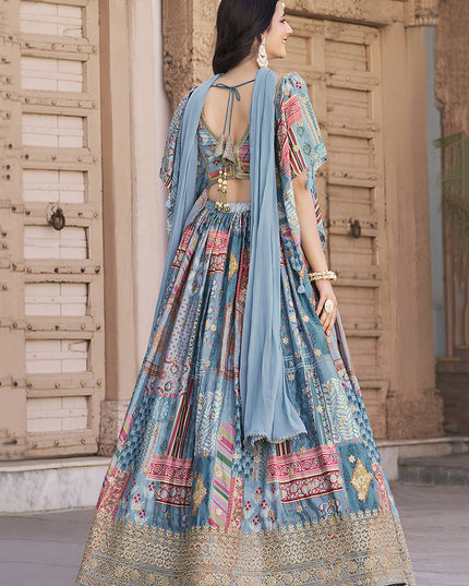 Pretty Sky Blue Embroidered Chinnon Silk Lehenga Choli Set for Festival