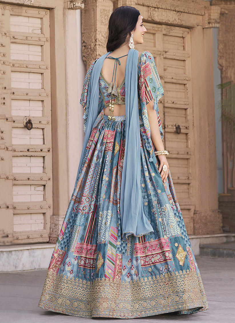 Pretty Sky Blue Embroidered Chinnon Silk Lehenga Choli Set for Festival