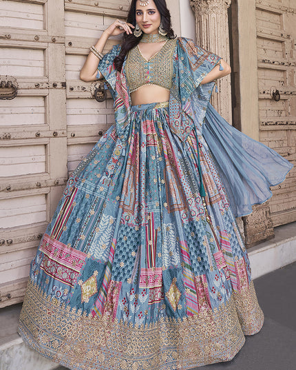 Pretty Sky Blue Embroidered Chinnon Silk Lehenga Choli Set for Festival