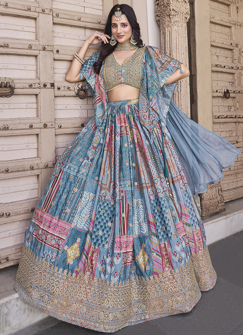 Pretty Sky Blue Embroidered Chinnon Silk Lehenga Choli Set for Festival