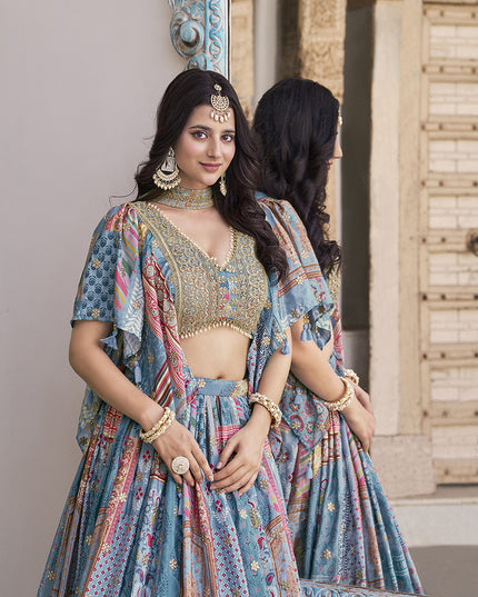 Pretty Sky Blue Embroidered Chinnon Silk Lehenga Choli Set for Festival