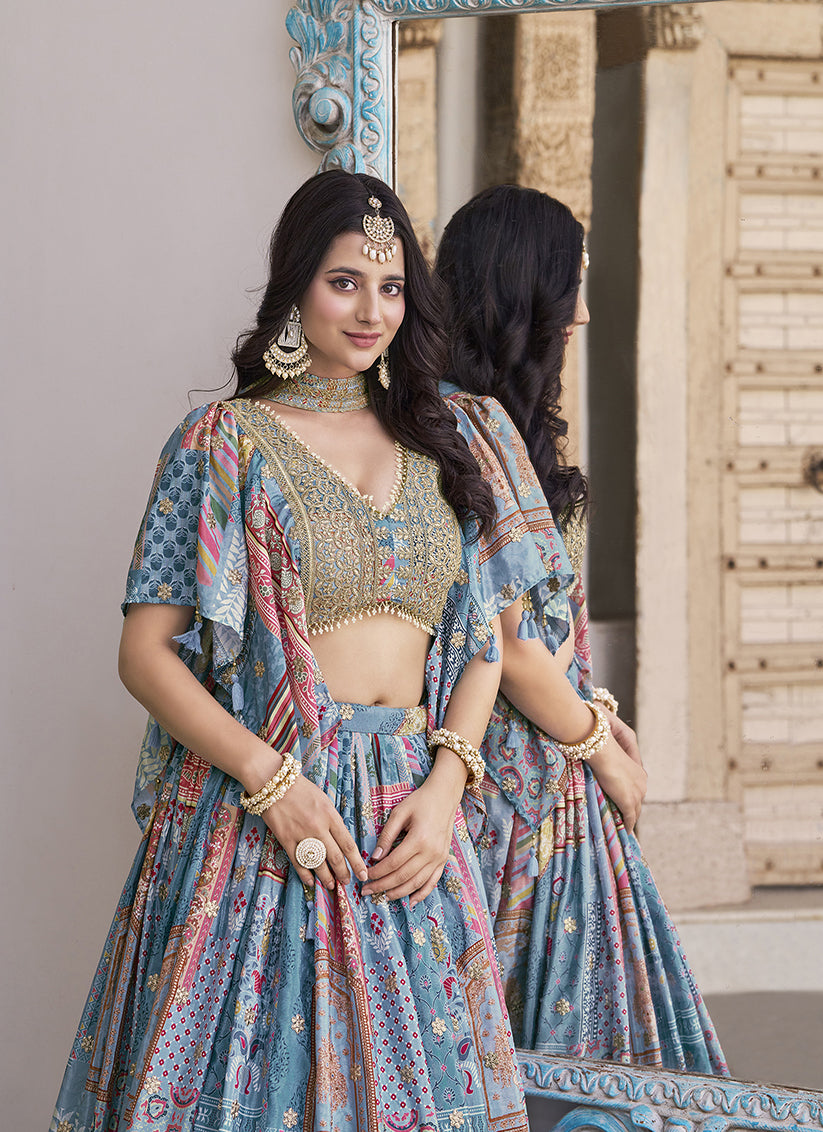 Pretty Sky Blue Embroidered Chinnon Silk Lehenga Choli Set for Festival