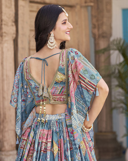 Pretty Sky Blue Embroidered Chinnon Silk Lehenga Choli Set for Festival