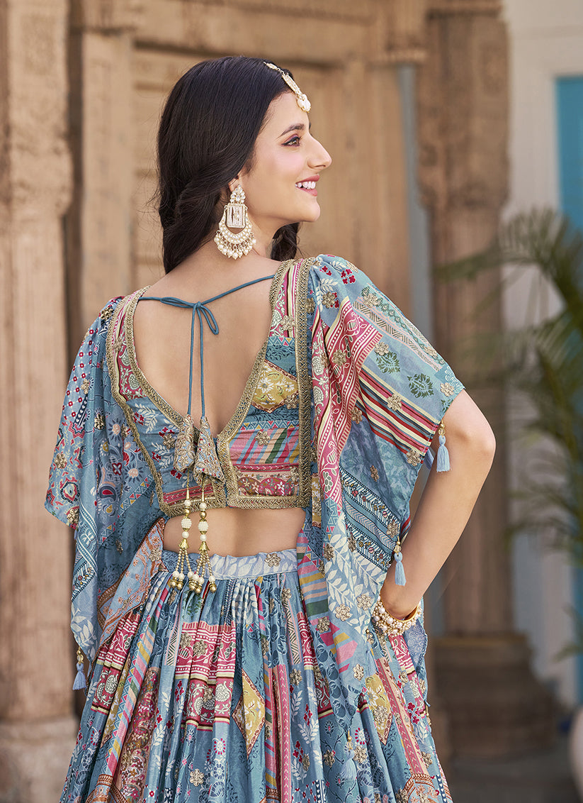 Pretty Sky Blue Embroidered Chinnon Silk Lehenga Choli Set for Festival