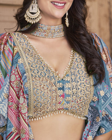Pretty Sky Blue Embroidered Chinnon Silk Lehenga Choli Set for Festival