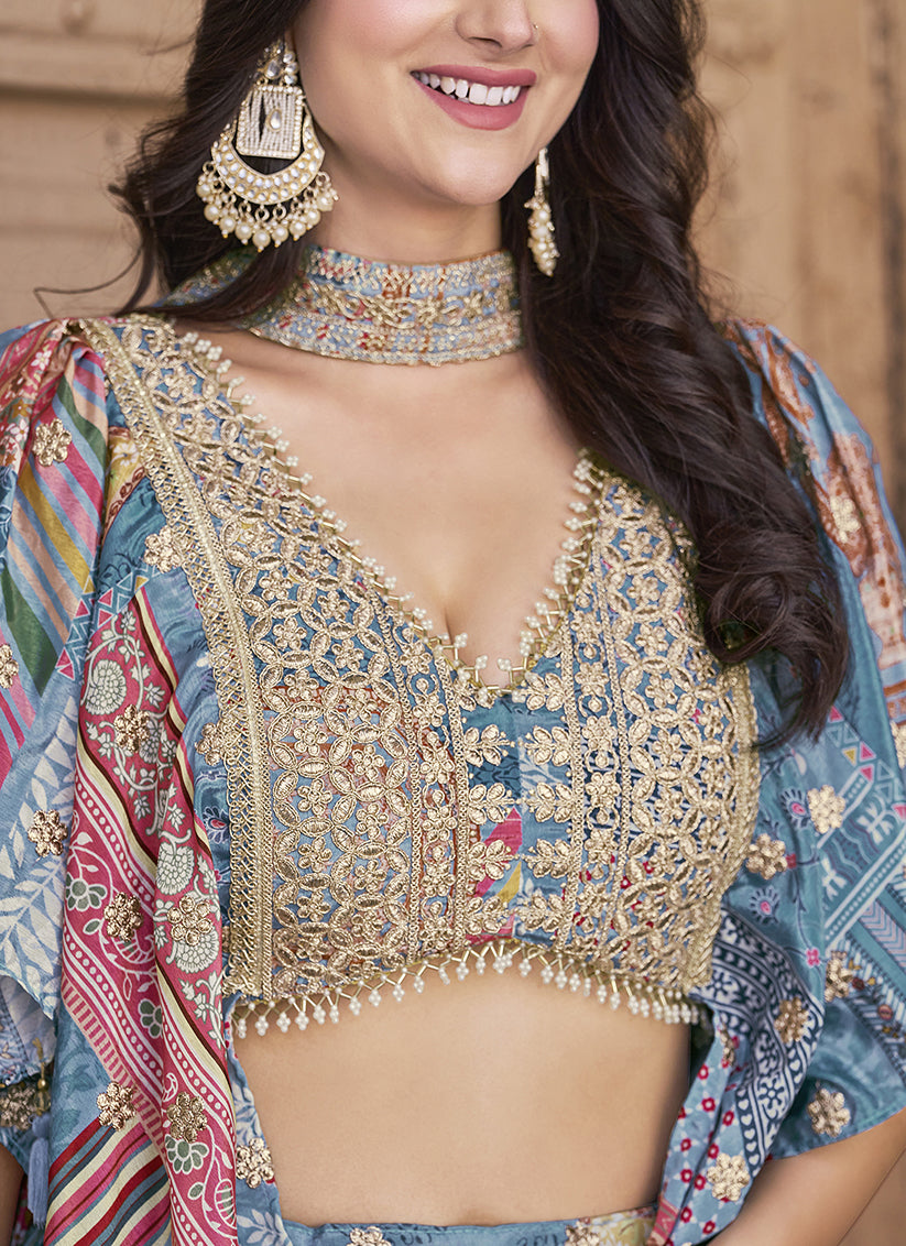 Pretty Sky Blue Embroidered Chinnon Silk Lehenga Choli Set for Festival