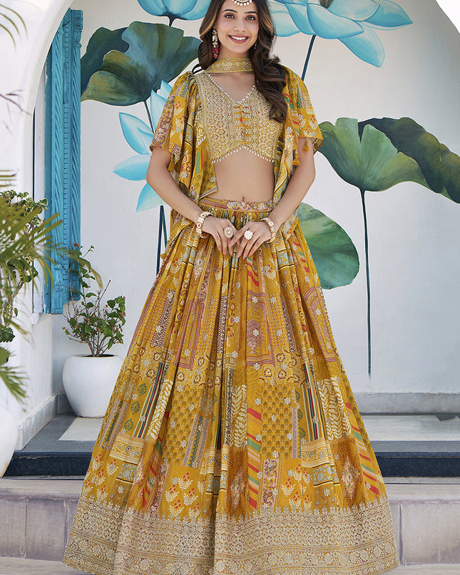 Magnetic Mustard Yellow Embroidered Chinnon Silk Lehenga Choli Set for Festival