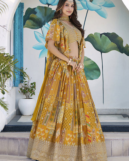 Magnetic Mustard Yellow Embroidered Chinnon Silk Lehenga Choli Set for Festival