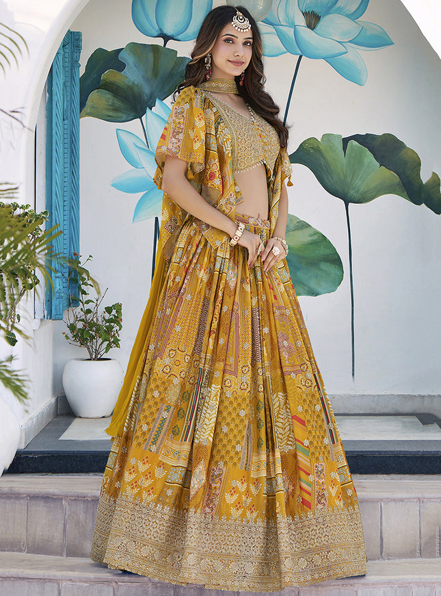 Magnetic Mustard Yellow Embroidered Chinnon Silk Lehenga Choli Set for Festival