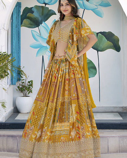 Magnetic Mustard Yellow Embroidered Chinnon Silk Lehenga Choli Set for Festival
