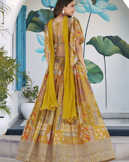 Magnetic Mustard Yellow Embroidered Chinnon Silk Lehenga Choli Set for Festival