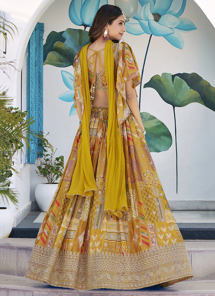 Magnetic Mustard Yellow Embroidered Chinnon Silk Lehenga Choli Set for Festival